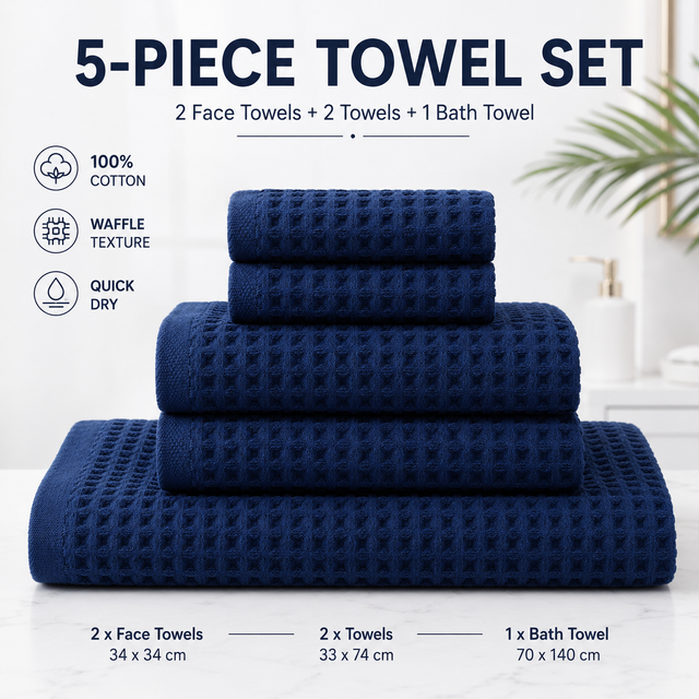 5 Piece Dark Blue Waffle Weave 100% Cotton Towel Set - Quick Dry Absorbent Bath Towel, 2 x Towels and 2 x Face Towels with Hanging Hook for Home and Guest Use