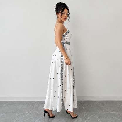 Women's White Boho Print Maxi Dress S Size - Stretch Polyester Fabric, Spaghetti Straps, Fitted Waist and A-Line Silhouette for Spring Summer Beach Vacations, Travel, Parties and Events