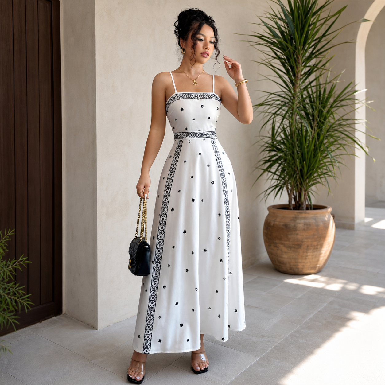 Women's White Boho Print Maxi Dress L Size - Stretch Polyester Fabric, Spaghetti Straps, Fitted Waist and A-Line Silhouette for Spring Summer Beach Vacations, Travel, Parties and Events