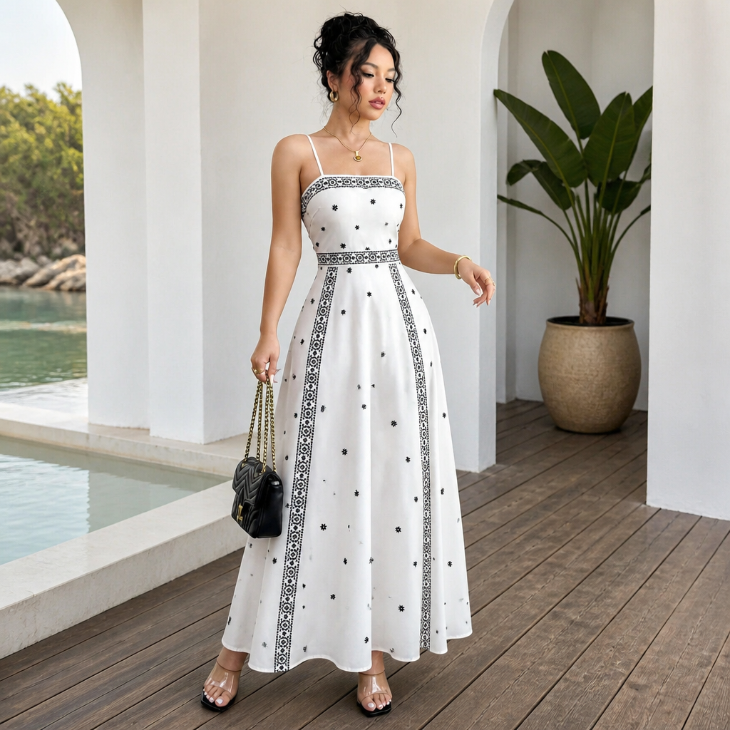 Women's White Boho Print Maxi Dress 2XL Size - Stretch Polyester Fabric, Spaghetti Straps, Fitted Waist and A-Line Silhouette for Spring Summer Beach Vacations, Travel, Parties and Events