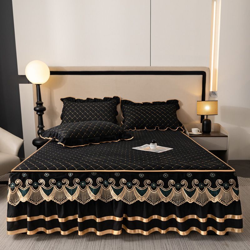 Blue and Gold European Soft Brushed Quilted Bed Skirt + 2 Pillowcases Set - Breathable Padded 150 x 200CM Mattress Cover with Lace Trim and 45CM Elevated Valance, All Season Dust Protection