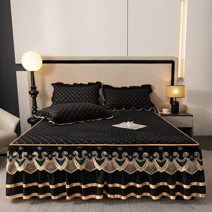 Blue and Gold European Soft Brushed Quilted Bed Skirt + 2 Pillowcases Set - Breathable Padded 150 x 200CM Mattress Cover with Lace Trim and 45CM Elevated Valance, All Season Dust Protection