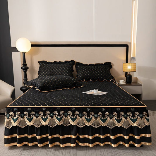 Blue and Gold European Soft Brushed Quilted Bed Skirt + 2 Pillowcases Set - Breathable Padded 150 x 200CM Mattress Cover with Lace Trim and 45CM Elevated Valance, All Season Dust Protection