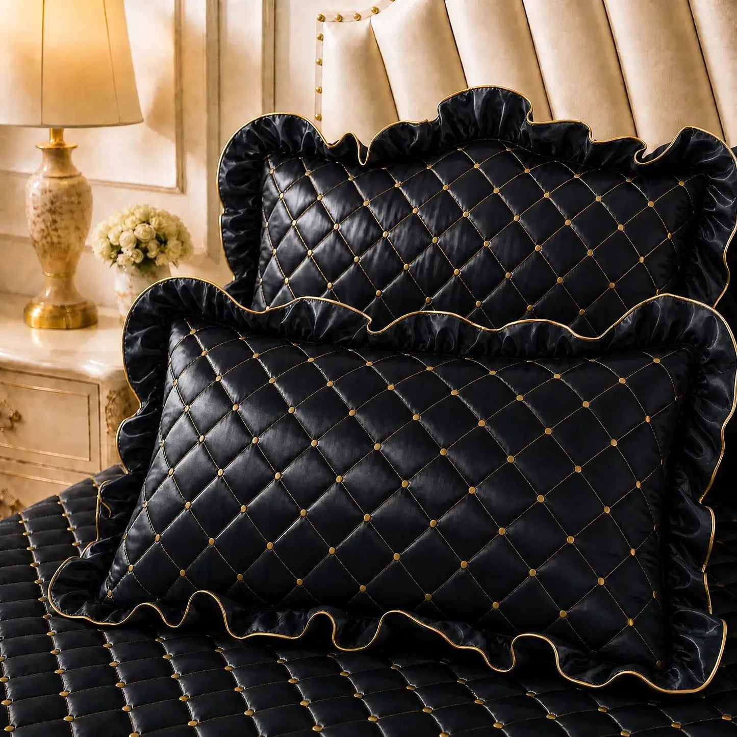 Purple and Gold European Soft Brushed Quilted Bed Skirt + 2 Pillowcases Set - Breathable Padded 150 x 200CM Mattress Cover with Lace Trim and 45CM Elevated Valance, All Season Dust Protection