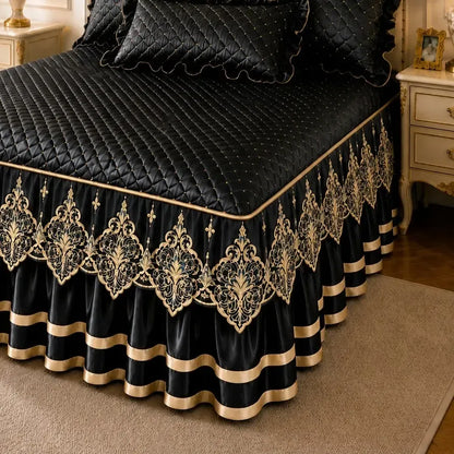 Green and Gold European Soft Brushed Quilted Bed Skirt + 2 Pillowcases Set - Breathable Padded 150 x 200CM Mattress Cover with Lace Trim and 45CM Elevated Valance, All Season Dust Protection