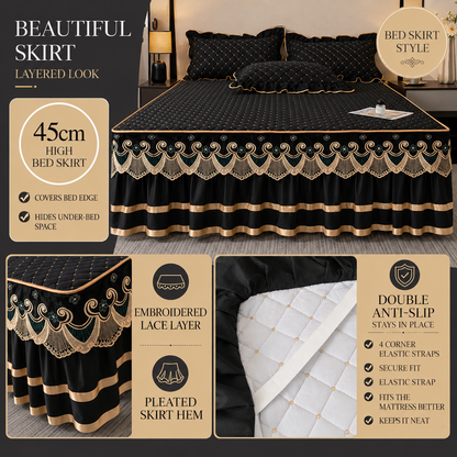 Green and Gold European Soft Brushed Quilted Bed Skirt + 2 Pillowcases Set - Breathable Padded 180 x 220CM Mattress Cover with Lace Trim and 45CM Elevated Valance, All Season Dust Protection