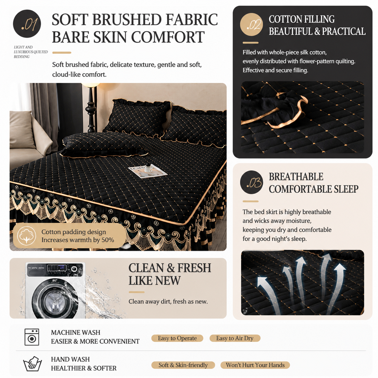 Green and Gold European Soft Brushed Quilted Bed Skirt + 2 Pillowcases Set - Breathable Padded 200 x 220CM Mattress Cover with Lace Trim and 45CM Elevated Valance, All Season Dust Protection