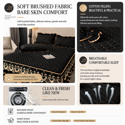 Green and Gold European Soft Brushed Quilted Bed Skirt + 2 Pillowcases Set - Breathable Padded 200 x 220CM Mattress Cover with Lace Trim and 45CM Elevated Valance, All Season Dust Protection