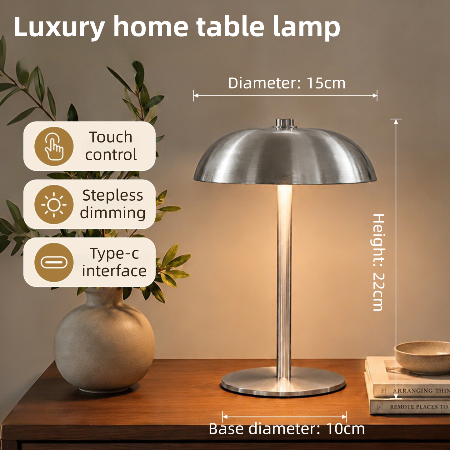 Silver Metal Mushroom Table Lamp with Top Touch Control, 3 Colour Mode & Stepless Dimming - USB-C Rechargeable Night Light, Stable Base and High-Transmittance Shade for Bedside and Dining