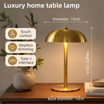 Gold Metal Mushroom Table Lamp with Top Touch Control, 3 Colour Mode & Stepless Dimming - USB-C Rechargeable Night Light, Stable Base and High-Transmittance Shade for Bedside and Dining
