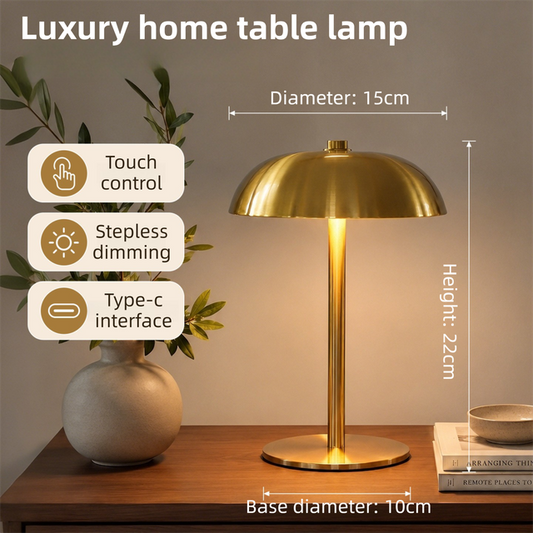 Gold Metal Mushroom Table Lamp with Top Touch Control, 3 Colour Mode & Stepless Dimming - USB-C Rechargeable Night Light, Stable Base and High-Transmittance Shade for Bedside and Dining