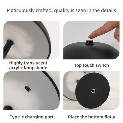 Black Metal Mushroom Table Lamp with Top Touch Control, 3 Colour Mode & Stepless Dimming - USB-C Rechargeable Night Light, Stable Base and High-Transmittance Shade for Bedside and Dining
