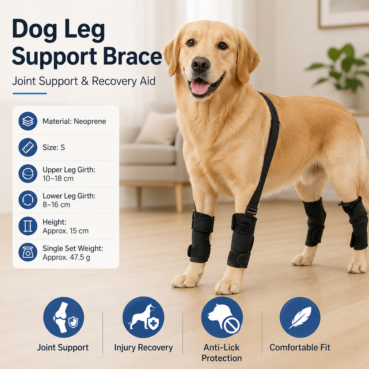 S Size Adjustable Dog Knee Brace set - Include front and hind legs Soft Neoprene Leg Support Sleeve with Elastic Straps, Anti-Lick Recovery Aid for Pets