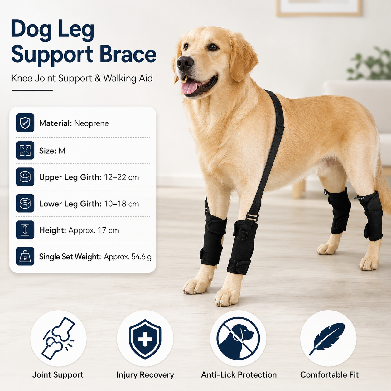 M Size Adjustable Dog Knee Brace set - Include front and hind legs Soft Neoprene Leg Support Sleeve with Elastic Straps, Anti-Lick Recovery Aid for Pets