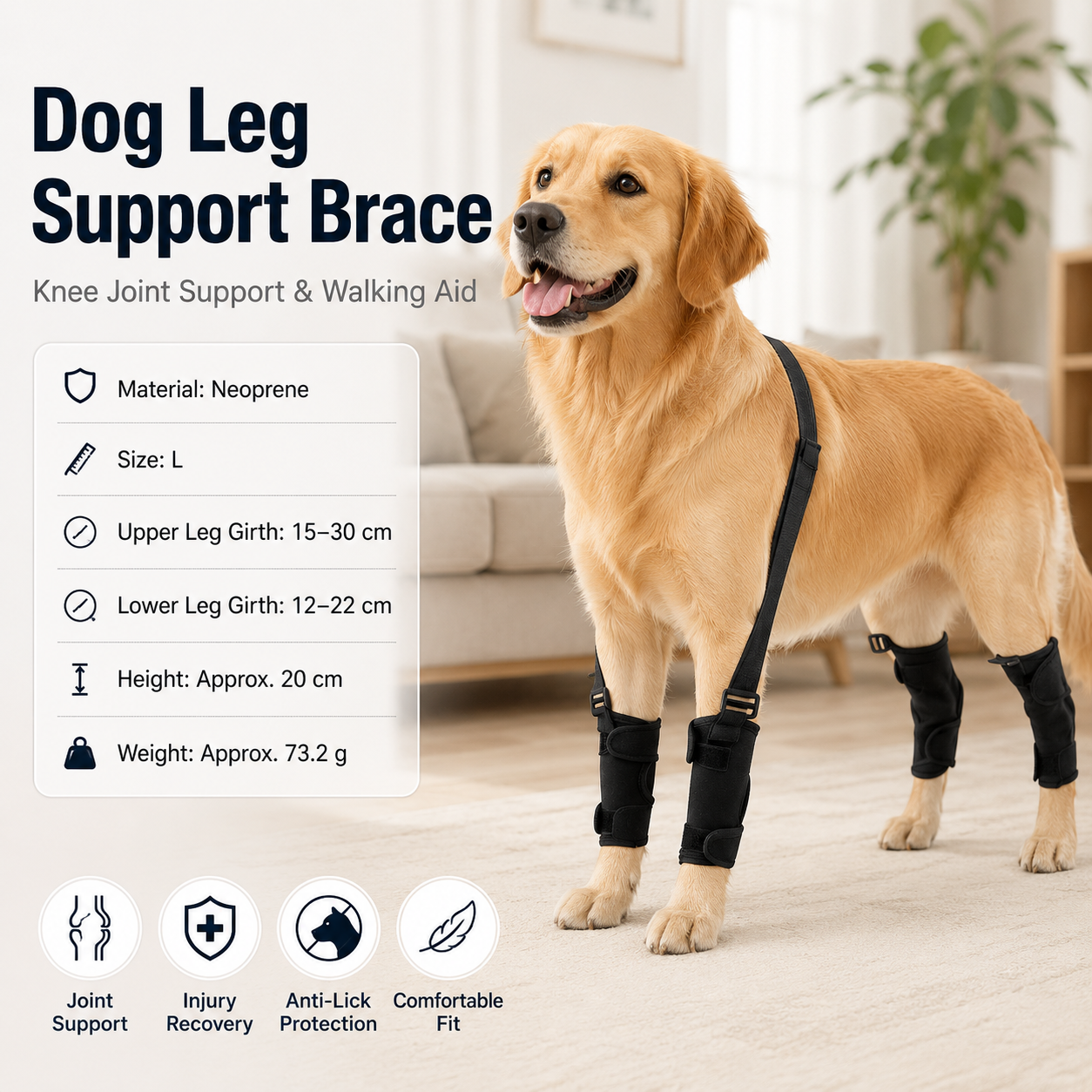 L Size Adjustable Dog Knee Brace set - Include front and hind legs Soft Neoprene Leg Support Sleeve with Elastic Straps, Anti-Lick Recovery Aid for Pets