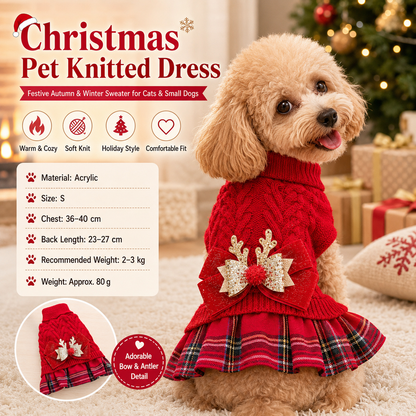 Red  S Size Reindeer antler design bow-knot Christmas Pet Knitted Dress - Acrylic Dog and Cat Jumper, Lightweight Festive Winter Outfit for Pets, Holiday Photos and Celebrations