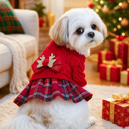 Red  S Size Reindeer antler design bow-knot Christmas Pet Knitted Dress - Acrylic Dog and Cat Jumper, Lightweight Festive Winter Outfit for Pets, Holiday Photos and Celebrations