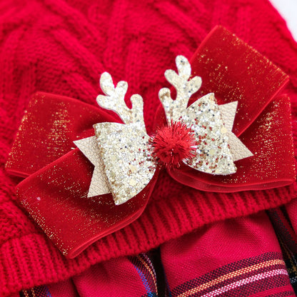 Red  S Size Reindeer antler design bow-knot Christmas Pet Knitted Dress - Acrylic Dog and Cat Jumper, Lightweight Festive Winter Outfit for Pets, Holiday Photos and Celebrations