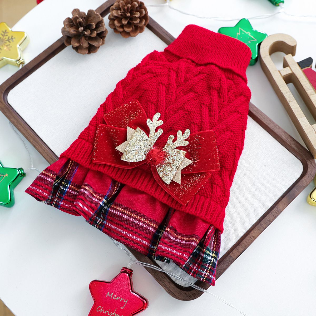 Red  M Size Reindeer antler design bow-knot Christmas Pet Knitted Dress - Acrylic Dog and Cat Jumper, Lightweight Festive Winter Outfit for Pets, Holiday Photos and Celebrations