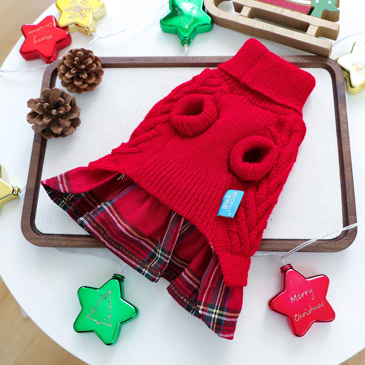 Red  M Size Reindeer antler design bow-knot Christmas Pet Knitted Dress - Acrylic Dog and Cat Jumper, Lightweight Festive Winter Outfit for Pets, Holiday Photos and Celebrations