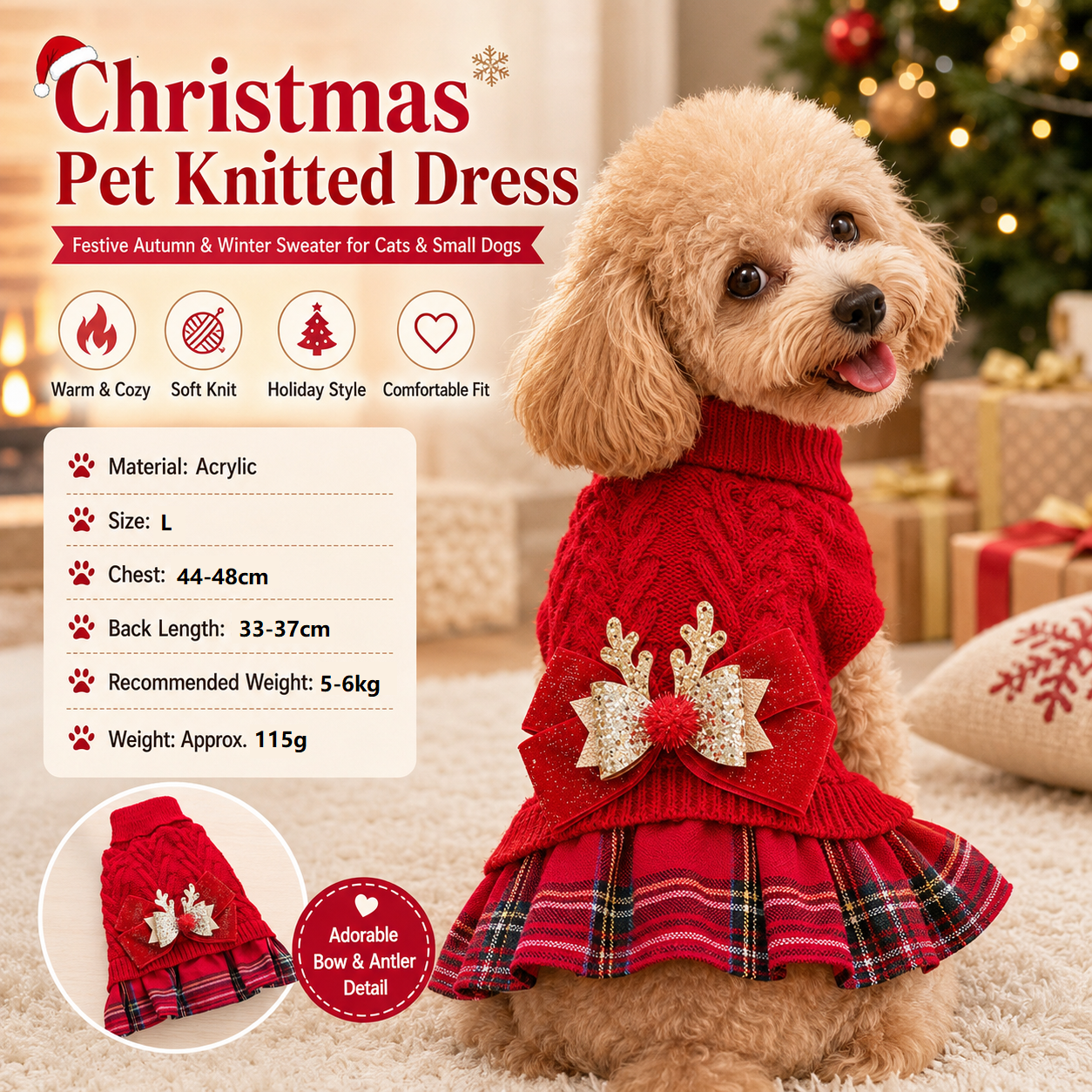 Red  L Size Reindeer antler design bow-knot Christmas Pet Knitted Dress - Acrylic Dog and Cat Jumper, Lightweight Festive Winter Outfit for Pets, Holiday Photos and Celebrations