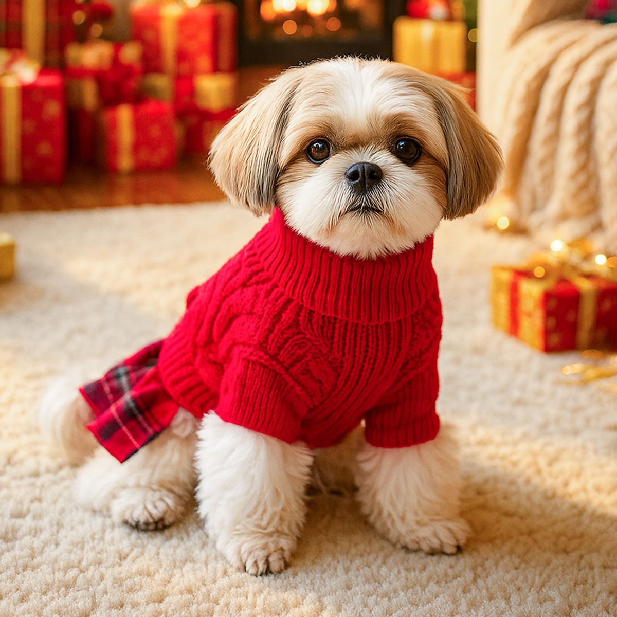Red  L Size Reindeer antler design bow-knot Christmas Pet Knitted Dress - Acrylic Dog and Cat Jumper, Lightweight Festive Winter Outfit for Pets, Holiday Photos and Celebrations