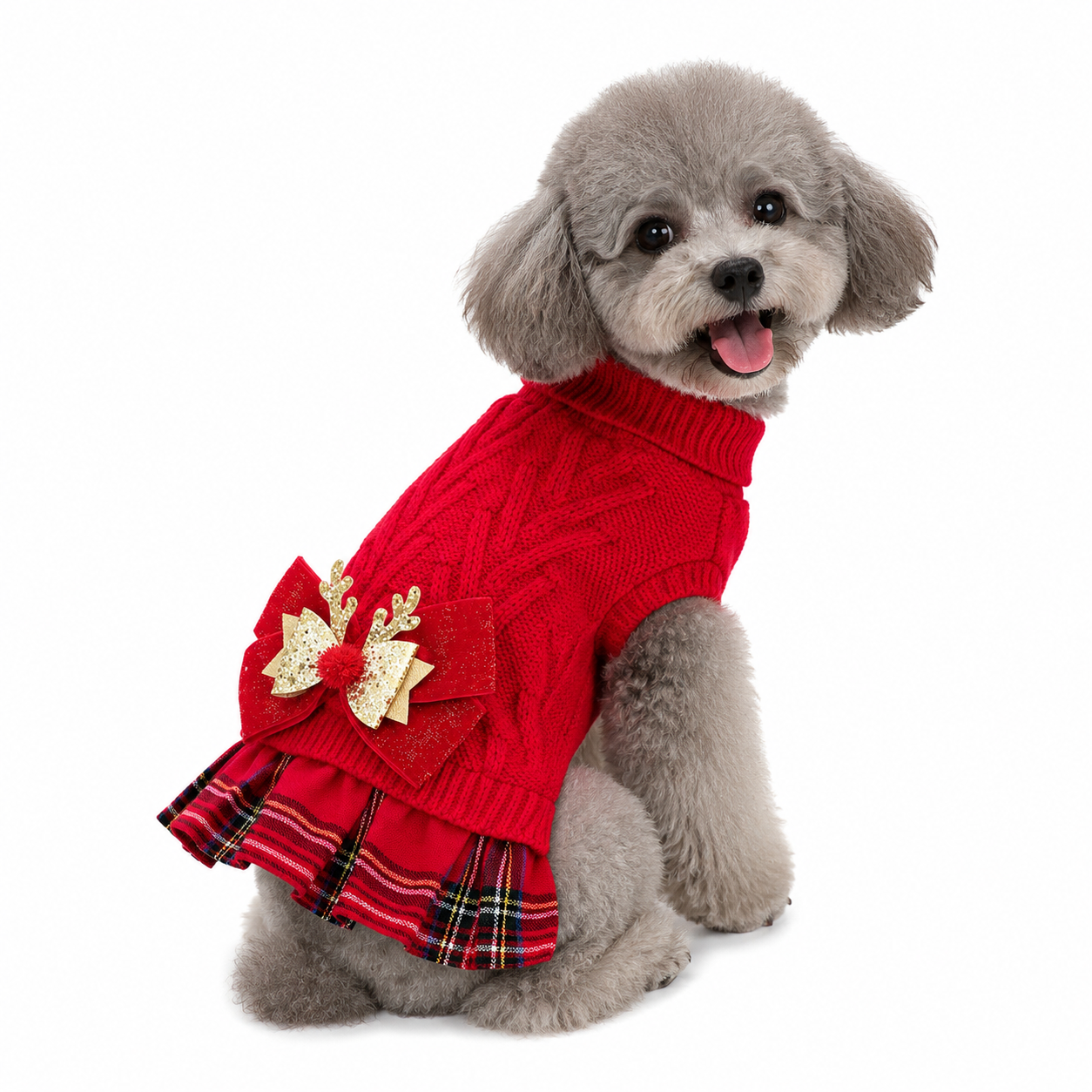 Red  XL Size Reindeer antler design bow-knot Christmas Pet Knitted Dress - Acrylic Dog and Cat Jumper, Lightweight Festive Winter Outfit for Pets, Holiday Photos and Celebrations