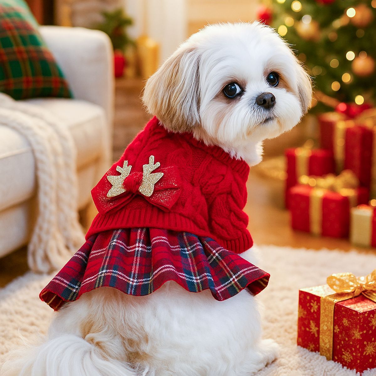 Red  XL Size Reindeer antler design bow-knot Christmas Pet Knitted Dress - Acrylic Dog and Cat Jumper, Lightweight Festive Winter Outfit for Pets, Holiday Photos and Celebrations