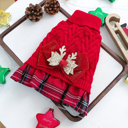 Red  XL Size Reindeer antler design bow-knot Christmas Pet Knitted Dress - Acrylic Dog and Cat Jumper, Lightweight Festive Winter Outfit for Pets, Holiday Photos and Celebrations