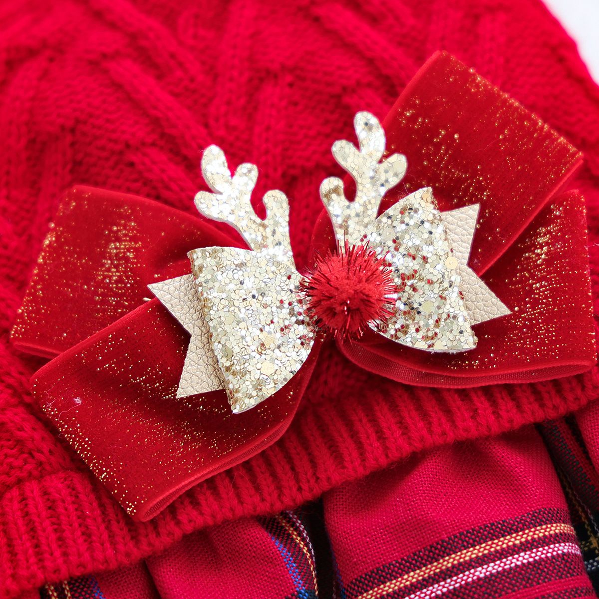 Red  XL Size Reindeer antler design bow-knot Christmas Pet Knitted Dress - Acrylic Dog and Cat Jumper, Lightweight Festive Winter Outfit for Pets, Holiday Photos and Celebrations