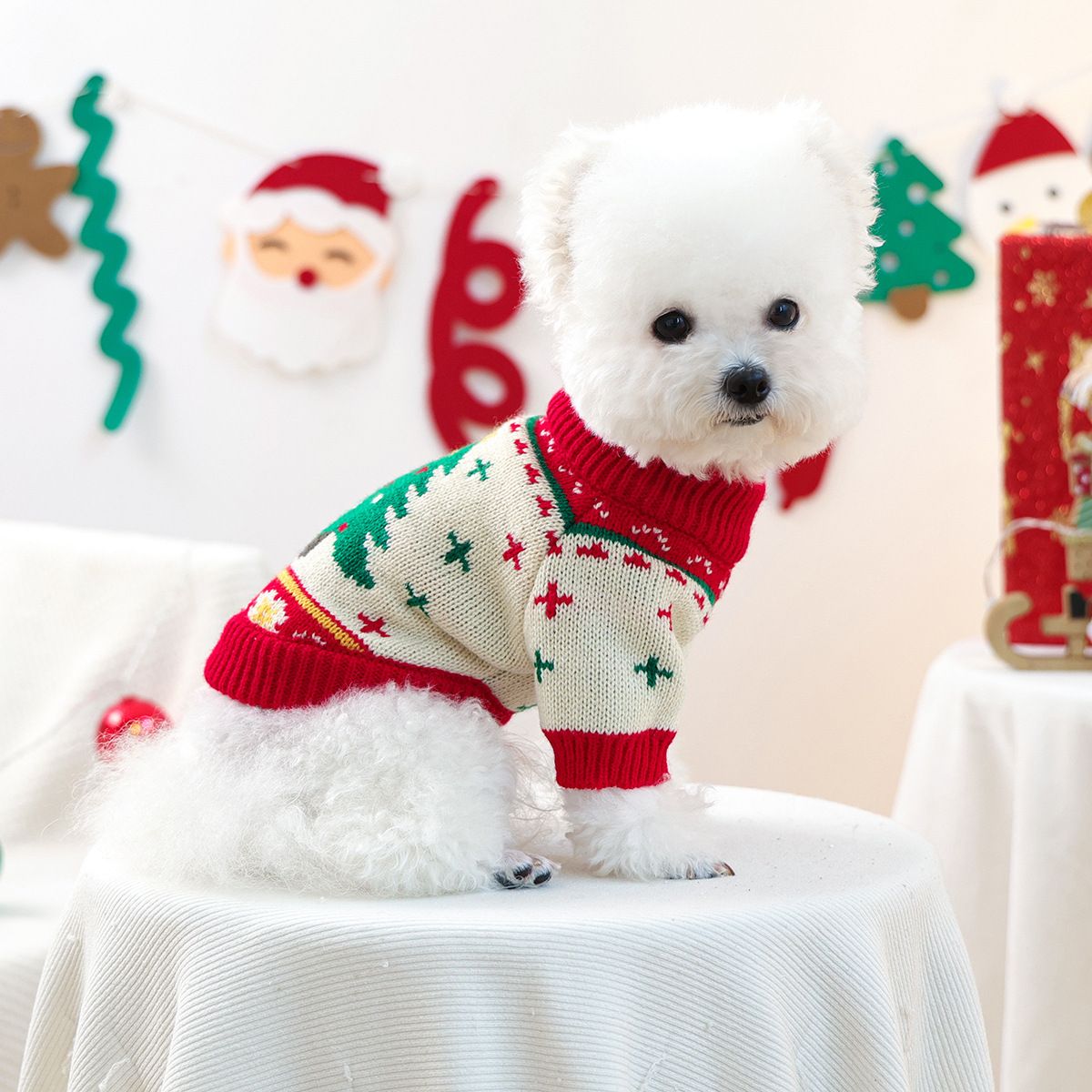 Red and Green  M Size Christmas tree pattern Christmas Pet Knitted Dress - Acrylic Dog and Cat Jumper, Lightweight Festive Winter Outfit for Pets, Holiday Photos and Celebrations