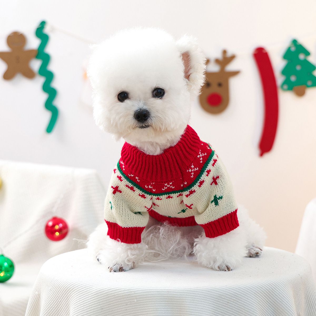 Red and Green  L Size Christmas tree pattern Christmas Pet Knitted Dress - Acrylic Dog and Cat Jumper, Lightweight Festive Winter Outfit for Pets, Holiday Photos and Celebrations