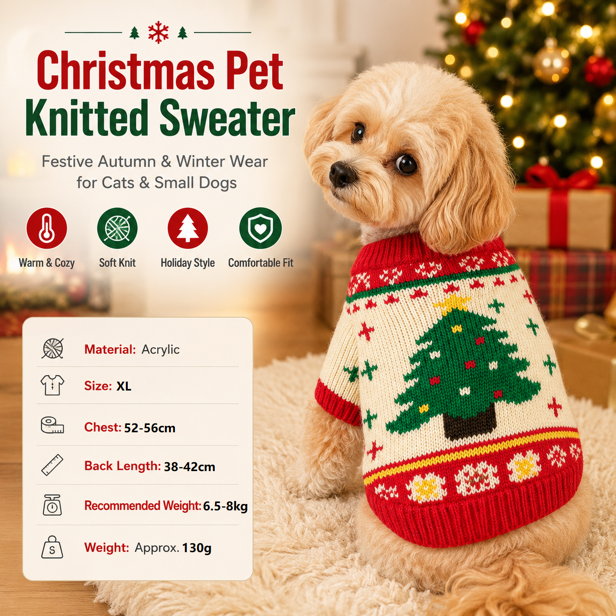 Red and Green  XL Size Christmas tree pattern Christmas Pet Knitted Dress - Acrylic Dog and Cat Jumper, Lightweight Festive Winter Outfit for Pets, Holiday Photos and Celebrations