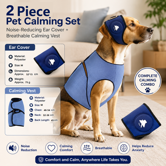 Blue M Size Dog Anxiety Relief Set - Breathable Mesh Calming Vest and Noise Reducing Earmuffs for Dogs, Thunderstorm and Fireworks Stress Support