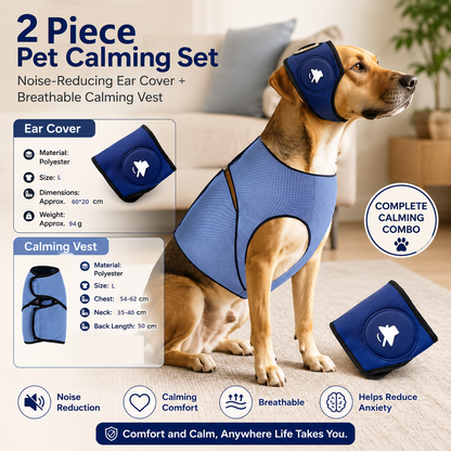 Blue L Size Dog Anxiety Relief Set - Breathable Mesh Calming Vest and Noise Reducing Earmuffs for Dogs, Thunderstorm and Fireworks Stress Support