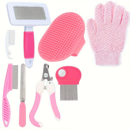 Pink 8-Piece Pet Grooming Kit - Nail Clippers, Slicker Brush, Flea Comb & Bath Glove for Dogs Cats Rabbits, Complete Home Care Pet Set