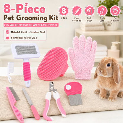 Pink 8-Piece Pet Grooming Kit - Nail Clippers, Slicker Brush, Flea Comb & Bath Glove for Dogs Cats Rabbits, Complete Home Care Pet Set