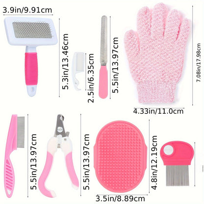 Pink 8-Piece Pet Grooming Kit - Nail Clippers, Slicker Brush, Flea Comb & Bath Glove for Dogs Cats Rabbits, Complete Home Care Pet Set