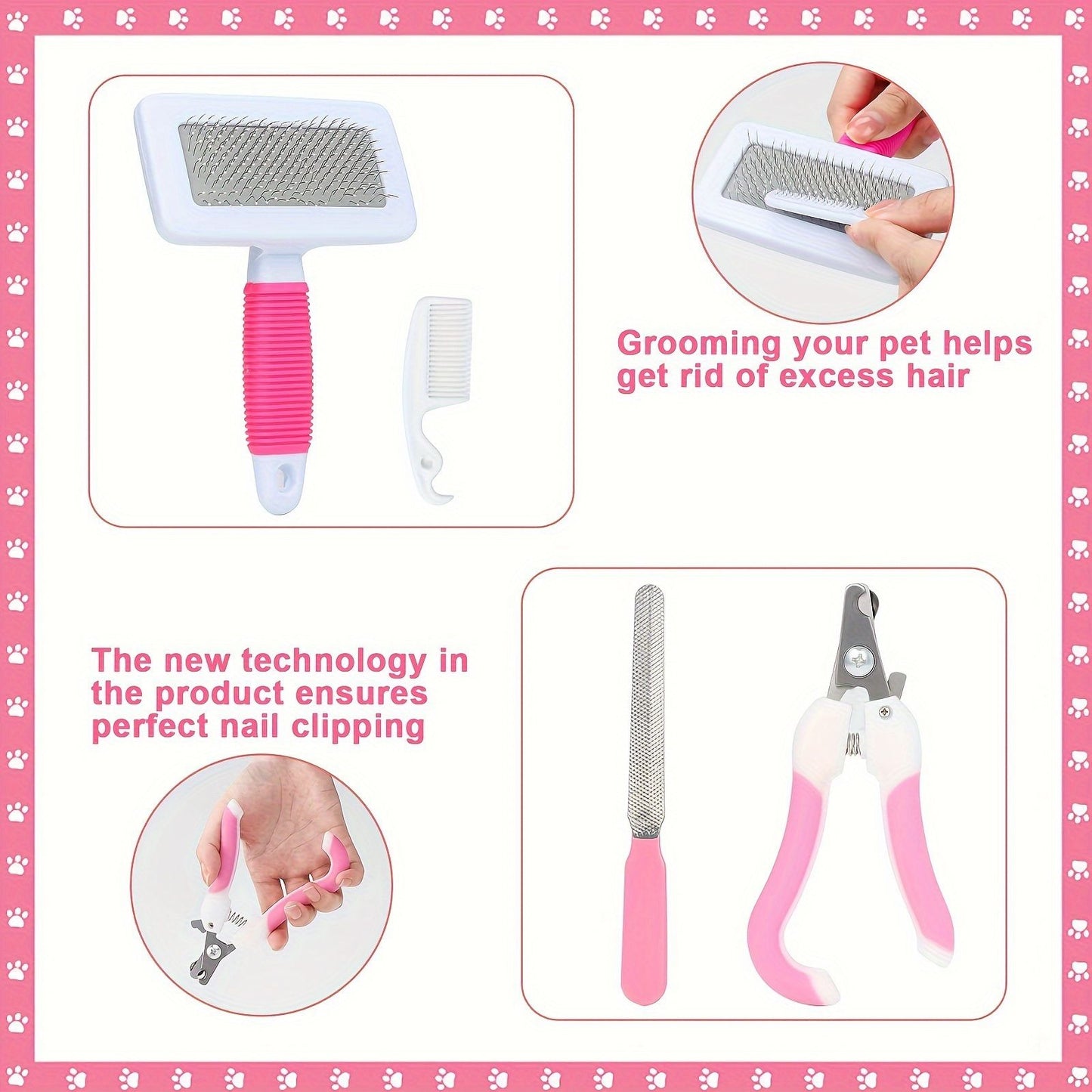 Pink 8-Piece Pet Grooming Kit - Nail Clippers, Slicker Brush, Flea Comb & Bath Glove for Dogs Cats Rabbits, Complete Home Care Pet Set