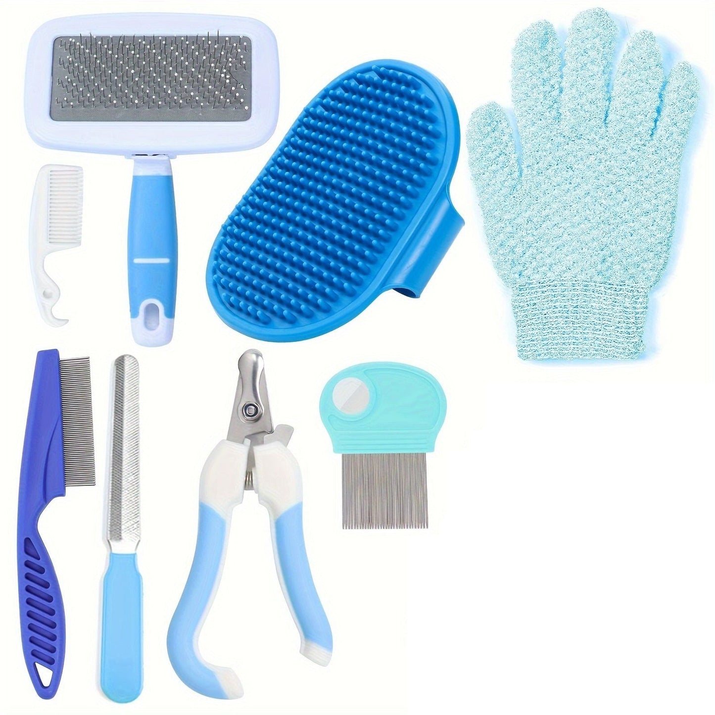 Blue 8-Piece Pet Grooming Kit - Nail Clippers, Slicker Brush, Flea Comb & Bath Glove for Dogs Cats Rabbits, Complete Home Care Pet Set