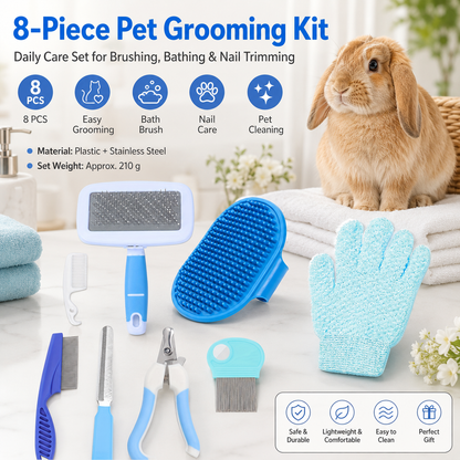Blue 8-Piece Pet Grooming Kit - Nail Clippers, Slicker Brush, Flea Comb & Bath Glove for Dogs Cats Rabbits, Complete Home Care Pet Set