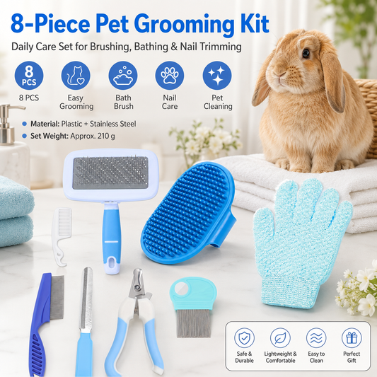 Blue 8-Piece Pet Grooming Kit - Nail Clippers, Slicker Brush, Flea Comb & Bath Glove for Dogs Cats Rabbits, Complete Home Care Pet Set