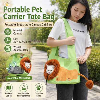 Lion Style Canvas Pet Carrier Green Bagï¼ˆsmall size 35*12*24cmï¼‰ - Adjustable Head Opening, Breathable Mesh, 8cm Wide Shoulder Strap, PE Support Base, Portable Crossbody Sling for Cats and Small Dogs, Travel Friendly Design