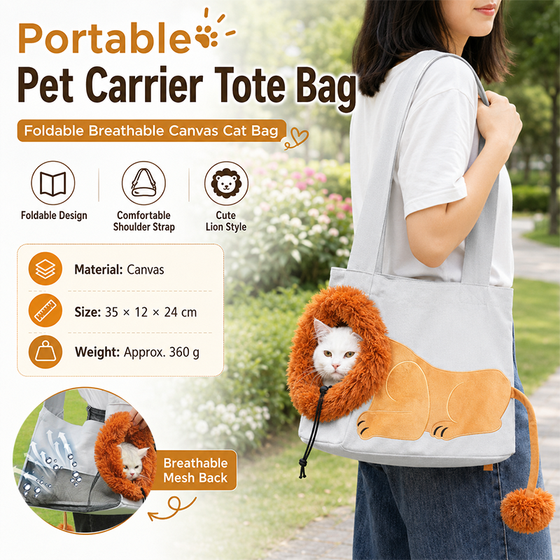 Lion Style Canvas Pet Carrier Grey Bagï¼ˆsmall size 35*12*24cmï¼‰ - Adjustable Head Opening, Breathable Mesh, 8cm Wide Shoulder Strap, PE Support Base, Portable Crossbody Sling for Cats and Small Dogs, Travel Friendly Design