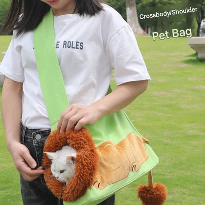 Lion Style Canvas Pet Carrier Grey Bagï¼ˆsmall size 35*12*24cmï¼‰ - Adjustable Head Opening, Breathable Mesh, 8cm Wide Shoulder Strap, PE Support Base, Portable Crossbody Sling for Cats and Small Dogs, Travel Friendly Design