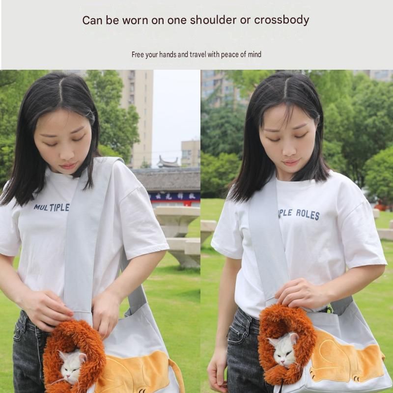 Lion Style Canvas Pet Carrier Grey Bagï¼ˆsmall size 35*12*24cmï¼‰ - Adjustable Head Opening, Breathable Mesh, 8cm Wide Shoulder Strap, PE Support Base, Portable Crossbody Sling for Cats and Small Dogs, Travel Friendly Design