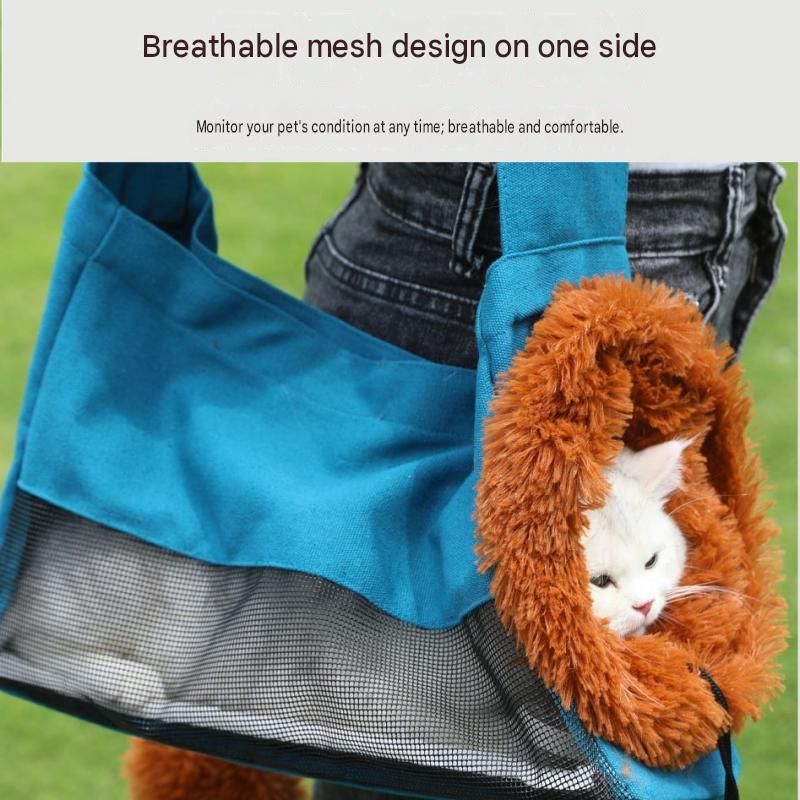 Lion Style Canvas Pet Carrier Blue Bagï¼ˆsmall size 35*12*24cmï¼‰ - Adjustable Head Opening, Breathable Mesh, 8cm Wide Shoulder Strap, PE Support Base, Portable Crossbody Sling for Cats and Small Dogs, Travel Friendly Design