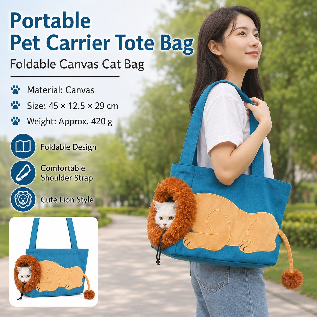 Lion Style Canvas Pet Carrier Blue Bagï¼ˆbig size 45*12.5*29cmï¼‰ - Adjustable Head Opening, Breathable Mesh, 8cm Wide Shoulder Strap, PE Support Base, Portable Crossbody Sling for Cats and Dogs, Travel Friendly Design