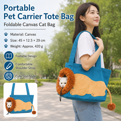 Lion Style Canvas Pet Carrier Blue Bagï¼ˆbig size 45*12.5*29cmï¼‰ - Adjustable Head Opening, Breathable Mesh, 8cm Wide Shoulder Strap, PE Support Base, Portable Crossbody Sling for Cats and Dogs, Travel Friendly Design