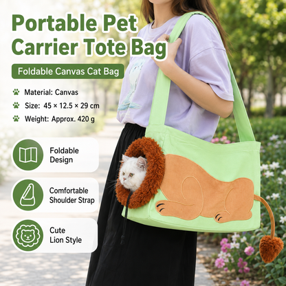 Lion Style Canvas Pet Carrier Green Bagï¼ˆbig size 45*12.5*29cmï¼‰ - Adjustable Head Opening, Breathable Mesh, 8cm Wide Shoulder Strap, PE Support Base, Portable Crossbody Sling for Cats and Dogs, Travel Friendly Design